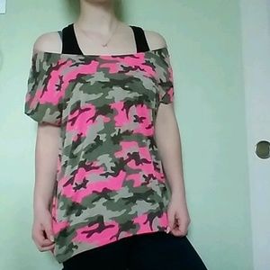 Camo Hot Pink Shirt ShortSleeve Women Girls Summer